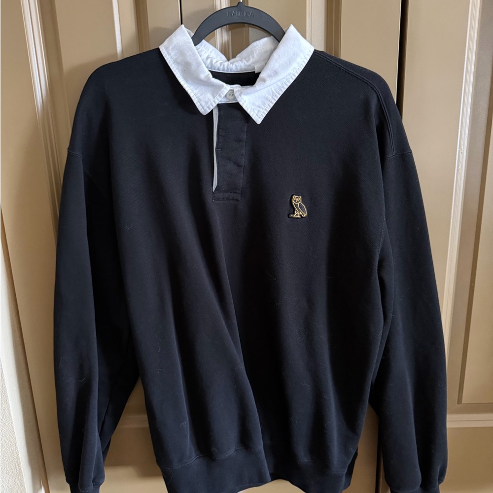 OVO Black Men's Collared Rugby Sweater with Embroidered Owl Logo